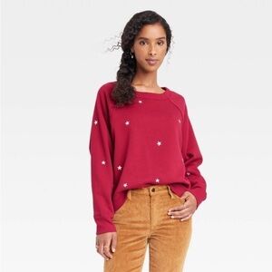 Universal thread red crewneck sweatshirt cream embroidered stars nwt